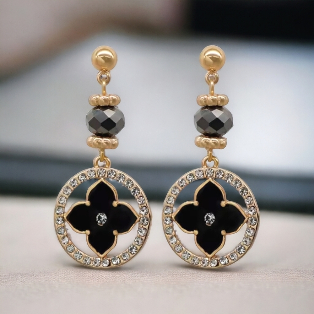 Chic Black and Gold Floral Earrings